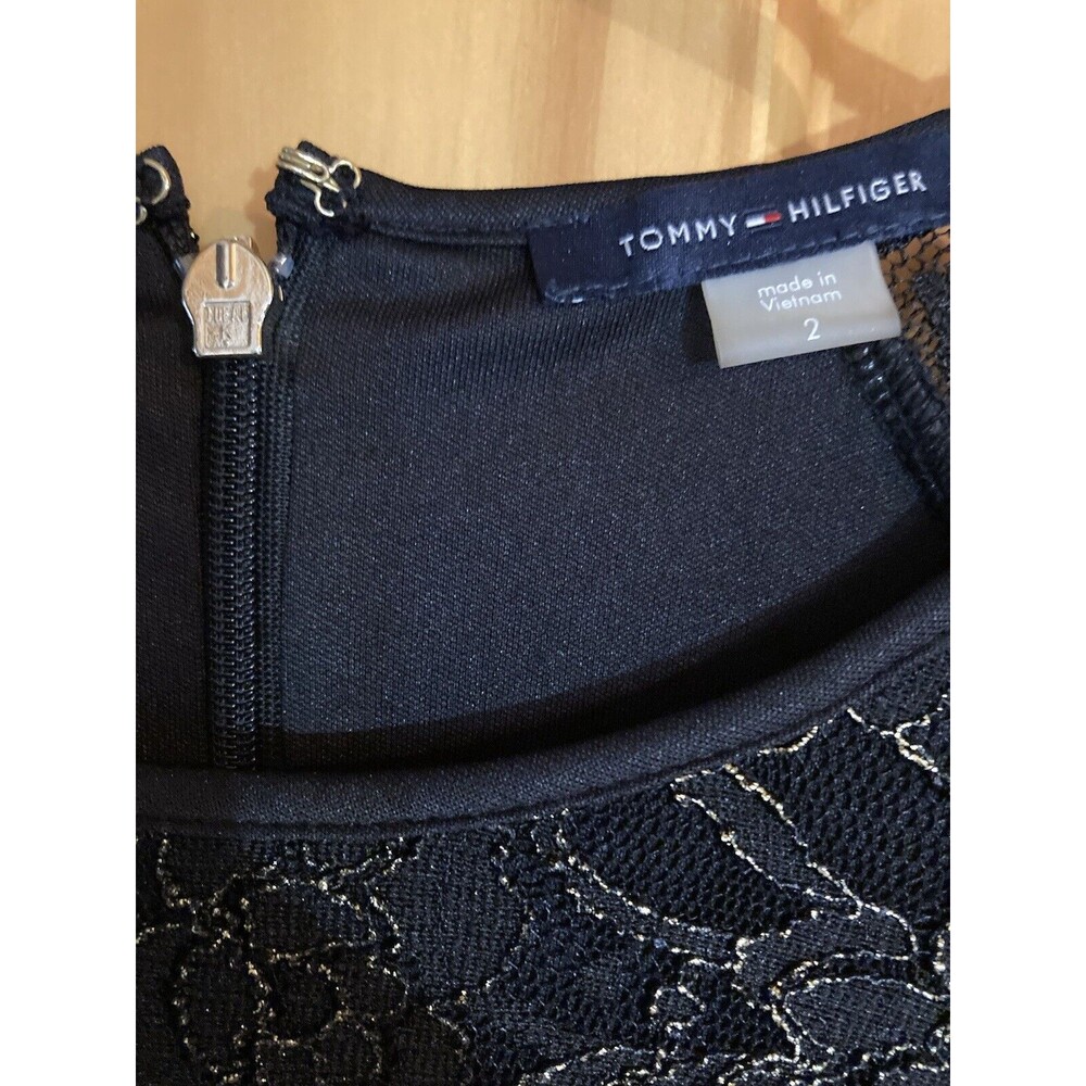Tommy Hilfiger Womens Black Gold Metallic Lace A Line Long Sleeve Sz 2 Dress NWT - Picture 2 of 9